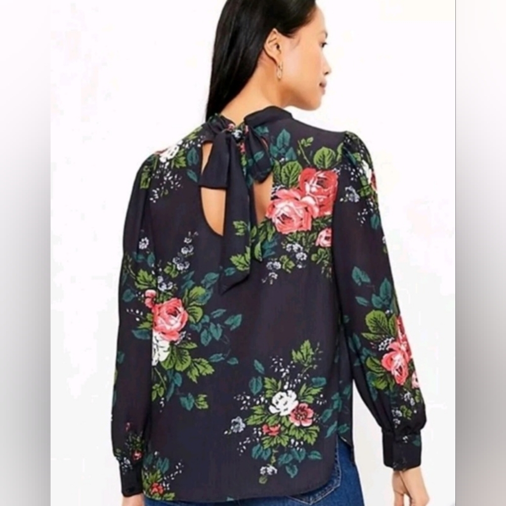 Ann Taylor Loft Floral Tie-Back Blouse - Black Size Large